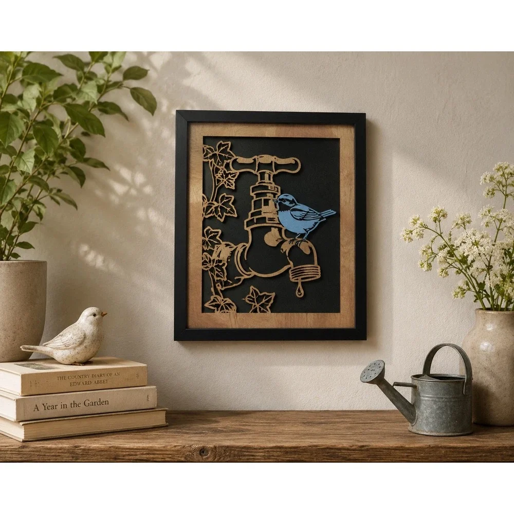 Layered Wood Bluebird Wall Art 11x14 Framed‎ Bird on Water Pump Farmhouse Decor